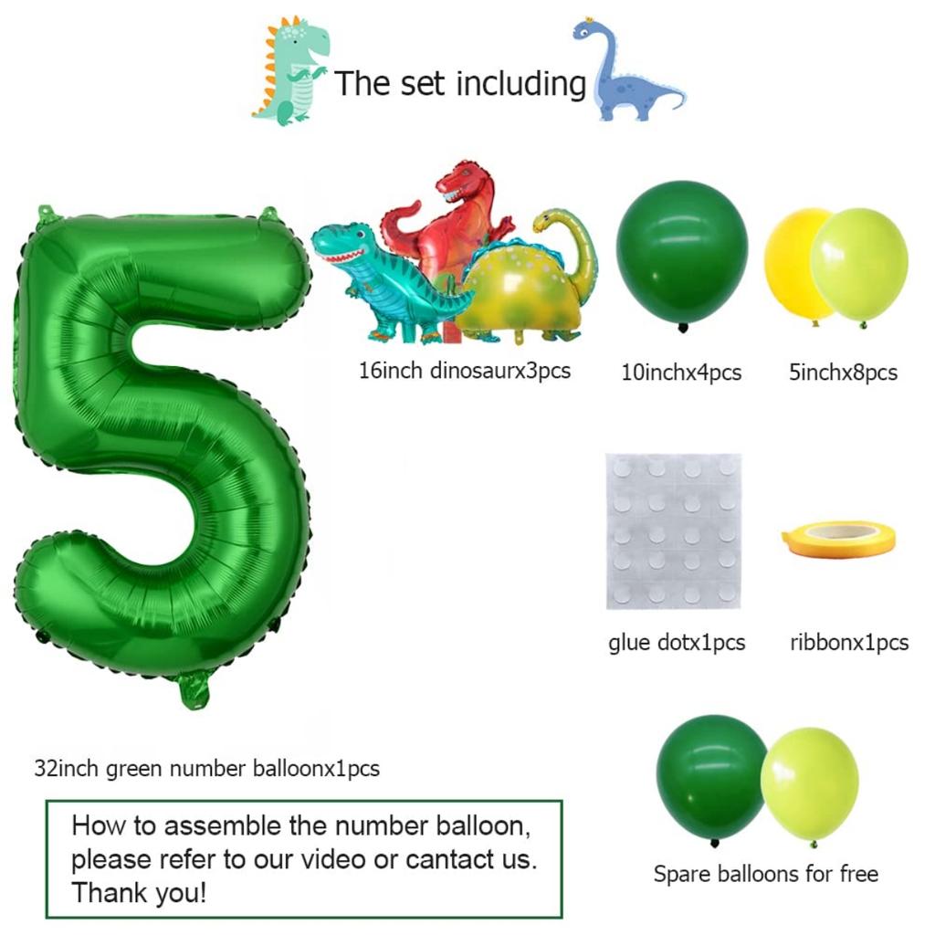 18Pcs Dinosaur Birthday Balloons Set Number Balloon Dino Theme Birthday Decorations for Boy Dinosaur Party Balls