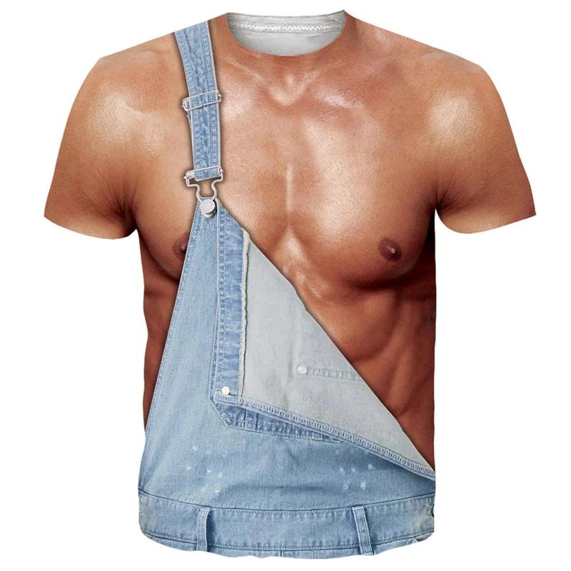 Men's Funny Hairy Chest Graphic T-shirts Fake Muscle Abs 3D Print Short Sleeve T-shirts Spring Summer Cosplay Costume Tops
