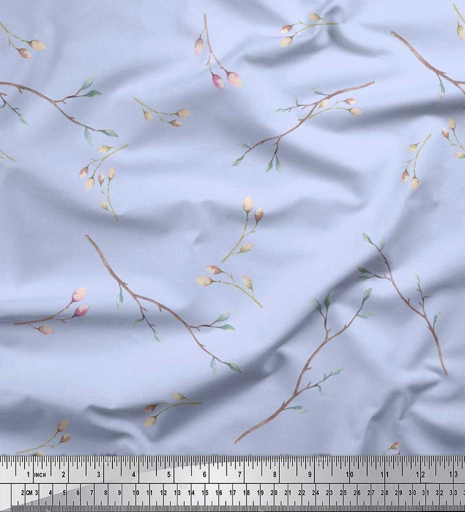 Soimoi Japan Crepe Satin Fabric Leaves & Buds Flower Print Fabric by the metre 42 Inch