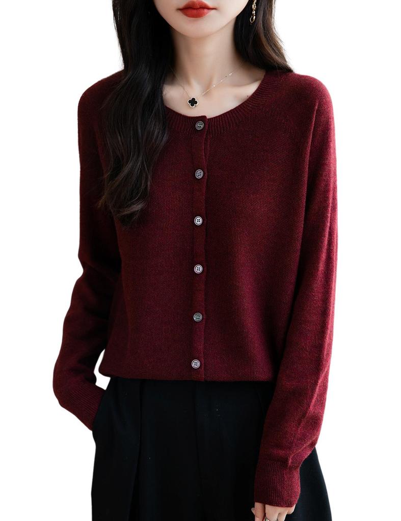 Women's Wool Round Neck Knit Cardigan - Versatile Autumn/Winter Sweater Outerwear