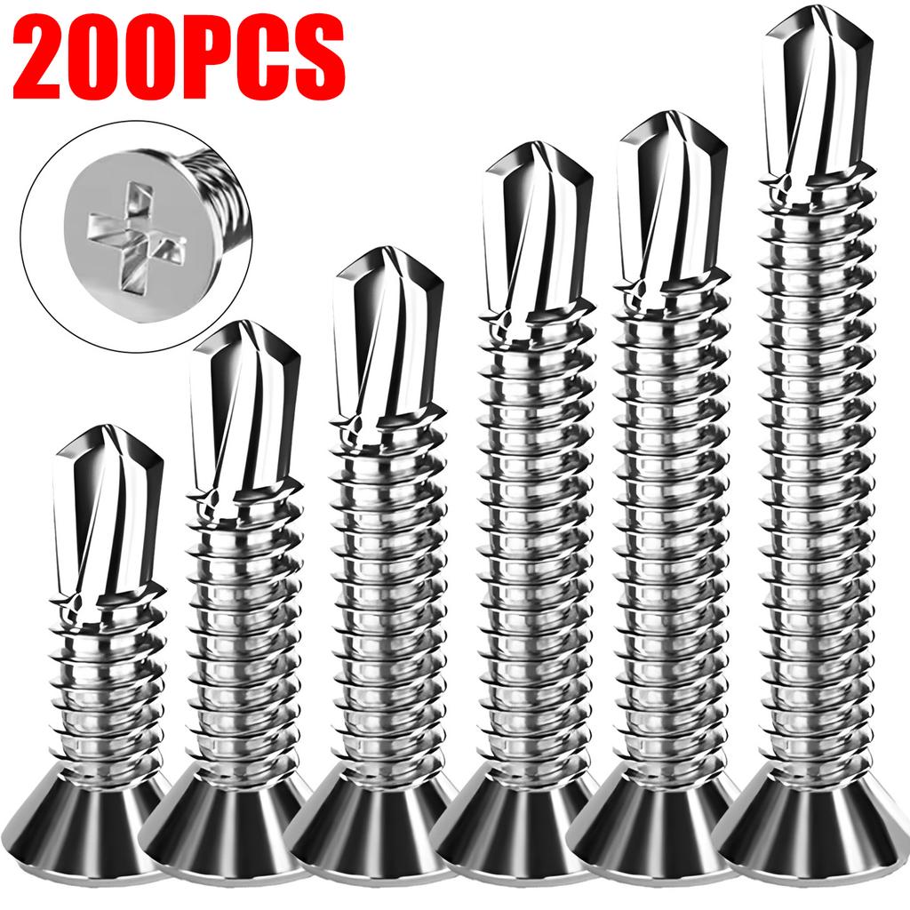 200/20pcs M4.2 Stainless Steel Self-Tapping Screws Cross Flat Head High-Strength Quick Self-Drilling Metal Screw Fixing Fastener