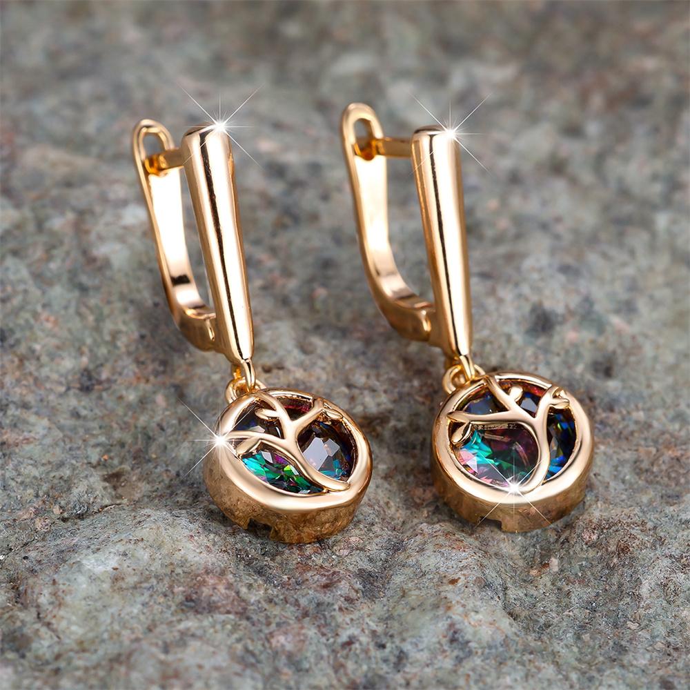 Rainbow Zircon Tree Branches Pendant Hoop Earrings For Women Vintage Gold Color Ear Buckle Wedding Jewelry Engagement Party Gift