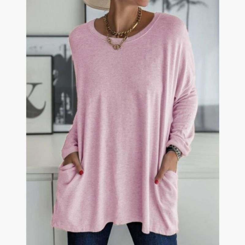 

Жіночі модні повсякденні літні вільні кишенькові одноколірні блузки та сорочки з довгим рукавом і круглим вирізом. 5XL світло-рожевий колір