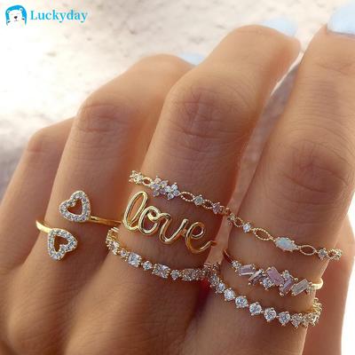 Retro Zirkon Ring Set Mond Herz Blume Gold Silber Ringe für Frauen Schmuck Zubehör
