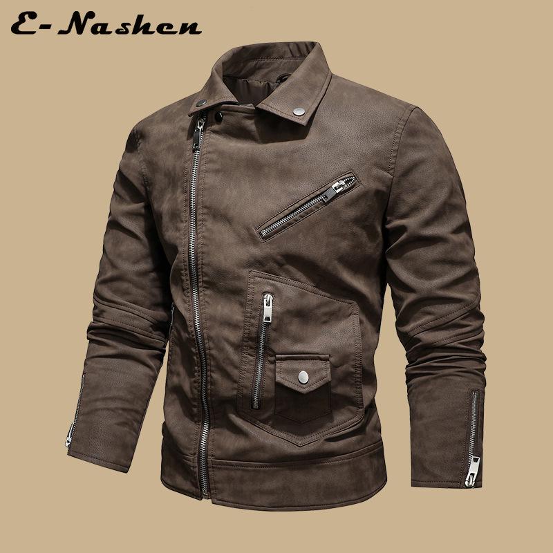 Modna Męska Skórzana Kurtka Motocyklowa w Dużym Rozmiarze z Wieloma Zamkami i Dużym Klapą