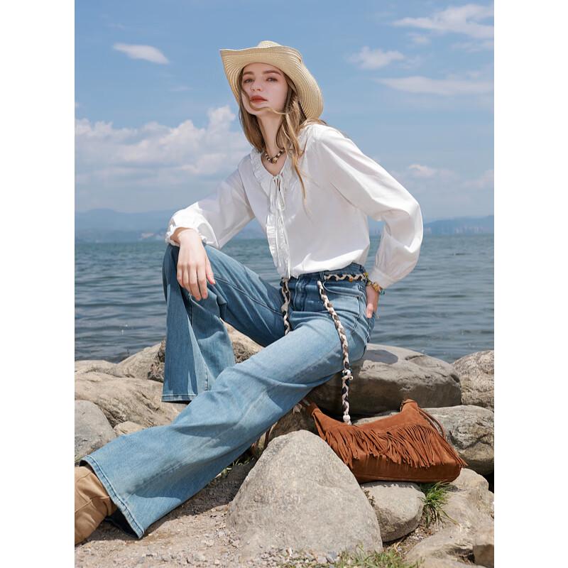 Sancai 2025 Autumn Ruffle Tie V-Neck Loose Long-Sleeve Blouse XL