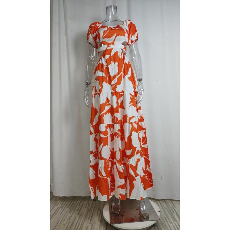 Sommer Damen Kleid Mode Bedrucktes Temperament Eine Schulter Hohe Taille Aushöhlen Rüschenkleid