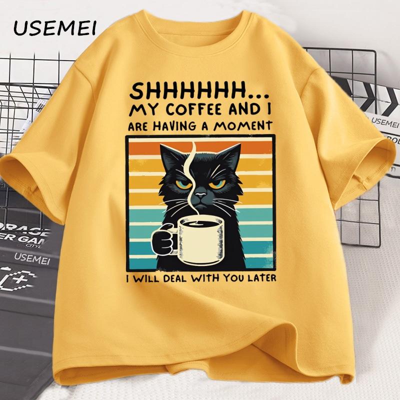 Funny Coffee Cat TShirt Summer Cotton Short Sleeve Cat Mama T Shirt Coffee Lover Tee Shirt Retro Cat T Shirt Unisexs Clothes