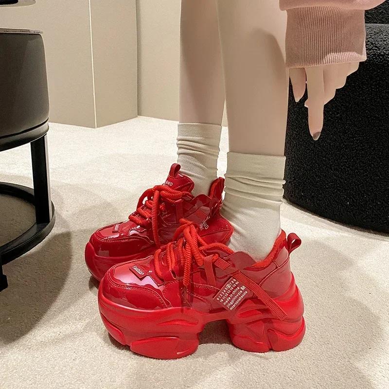 Móda Nové Dámské Jarní Podzimní Robustní Tenisky 8CM Silná Podrážka Kožené Boty Vysoká Platforma Vulkanizované Červené Boty Ležérní Sportovní Boty