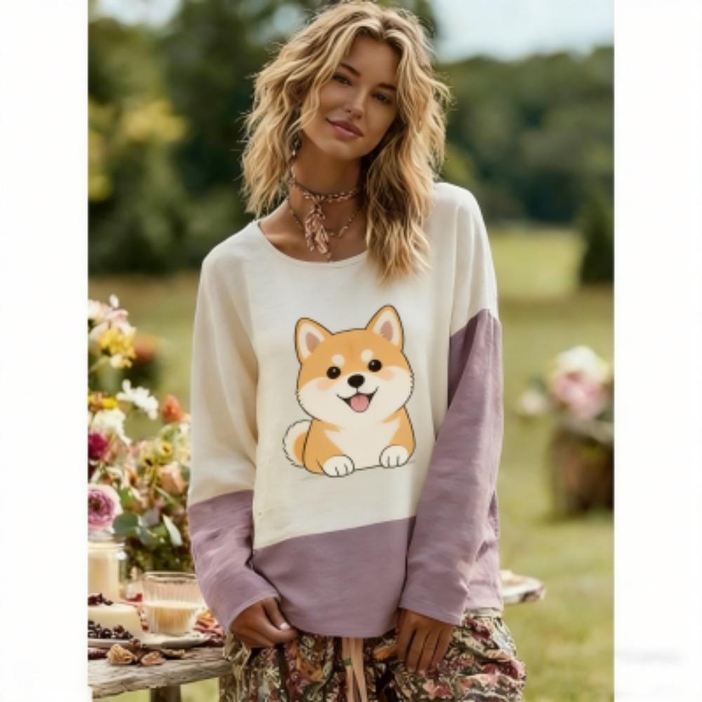 Frühling Europa Amerika Tier Katze und Hund Druck Damen T-Shirts Tops Mode Straße Damen Langarm Kleidung Outdoor Freizeit T-Shirt Pullover