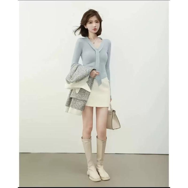 

Early autumn light ribbon neck knitted sweater women s new autumn and winter high-end design sense inner bottoming shirt top One size [recommended 80-60kg] синий