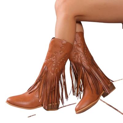 Wedge Chunky Heel Boots Women Rivets Tassels Design Western Boots PU Leather Brown Cowboy Boots for Woman Cowgirl Botas Mujer