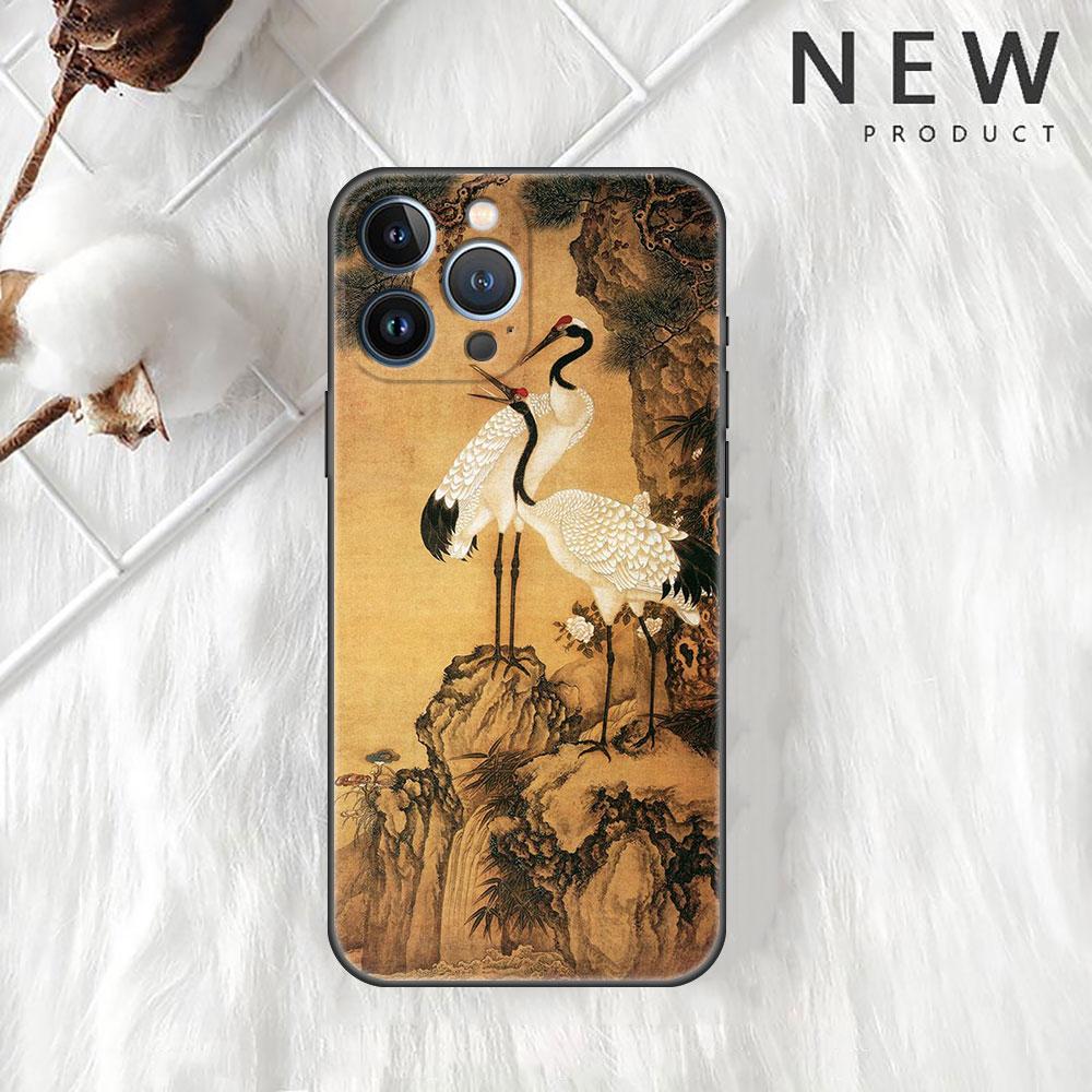 Funda Case For Apple iPhone 14 11 13 7 12 Pro 7 XR XS Max 8 Plus 6 14Pro 13Mini Black Soft Phone Coque Tiger Crane ART