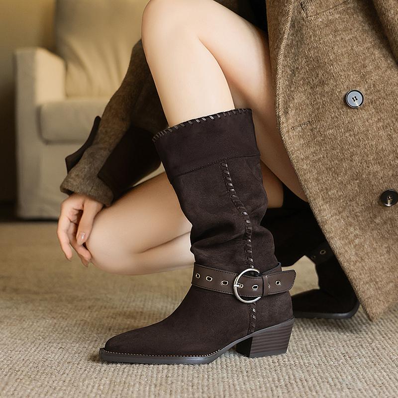 Mode 2025 Neuer Trend Damen Kuhveloursleder Mid-Calf Stiefel Westernstiefel Herbst Winter Kaffee Karamell Spitz Zehenschnalle Dicke Absätze Schuhe