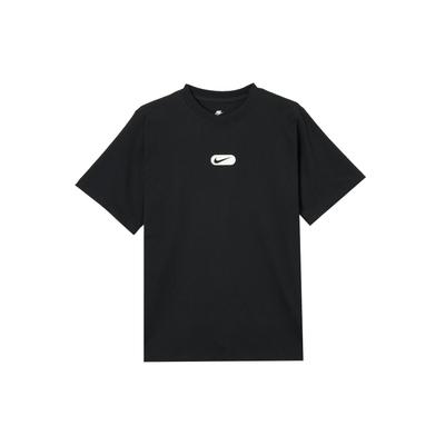 Nike Swoosh Colorblock Logo Rundhals Bequem Lässig Kurzarm Überschnittene Schultern T-Shirt Damen T-Shirt Schwarz HQ1699010