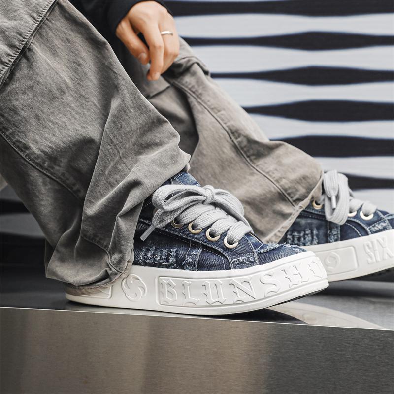 Fashion Denim board shoes Trendy men's versatile styles Design Outdoor Fashion Party Young people's height increasing shoes Black