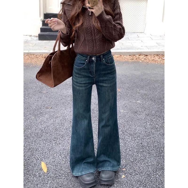 Light Blue Pants for Women Denim Autumn High Waist Stretch Loose Pants Retro Washed Black Bell-Bottoms Pants Tide