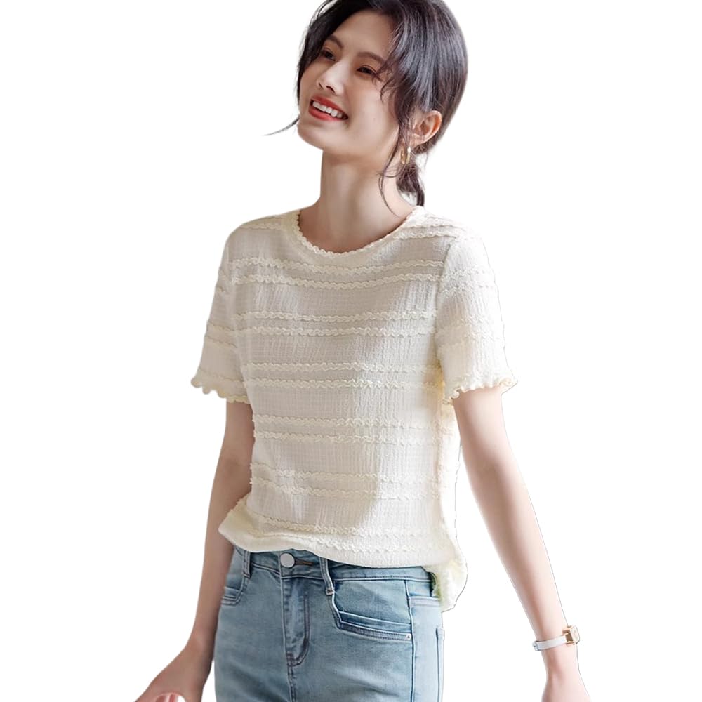 short for summer A8178 [FEISEDY] Women's T-shirt, stretchy, sleeves, slimming, commuting, comfortable, thin, elastic, top, casual, cool, summer,