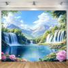 2D Printed Waterfall Lake Scenery Backdrop, Mountain View with Pink Flowers Photo Background for Home Decor