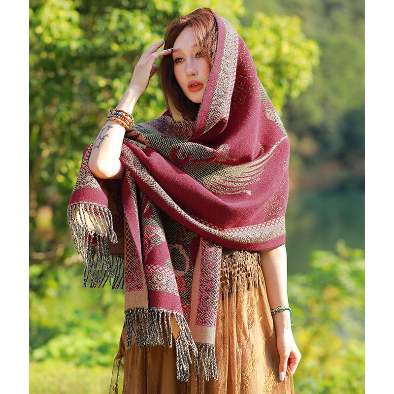 Ethnic Style Scarf for Women Traveling and Taking Photos Versatile Fashionable Cloak  Warm and Thickened Imitation Cashmere Scarf