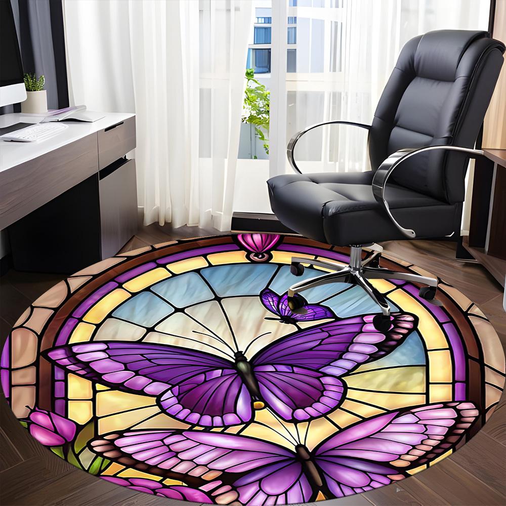 1pc Butterfly StainedGlass Office Round Area Rug,  Mat Suitable ForOffice, Under Office Chairs Bedroom Living Room Home Decor, Room Deco