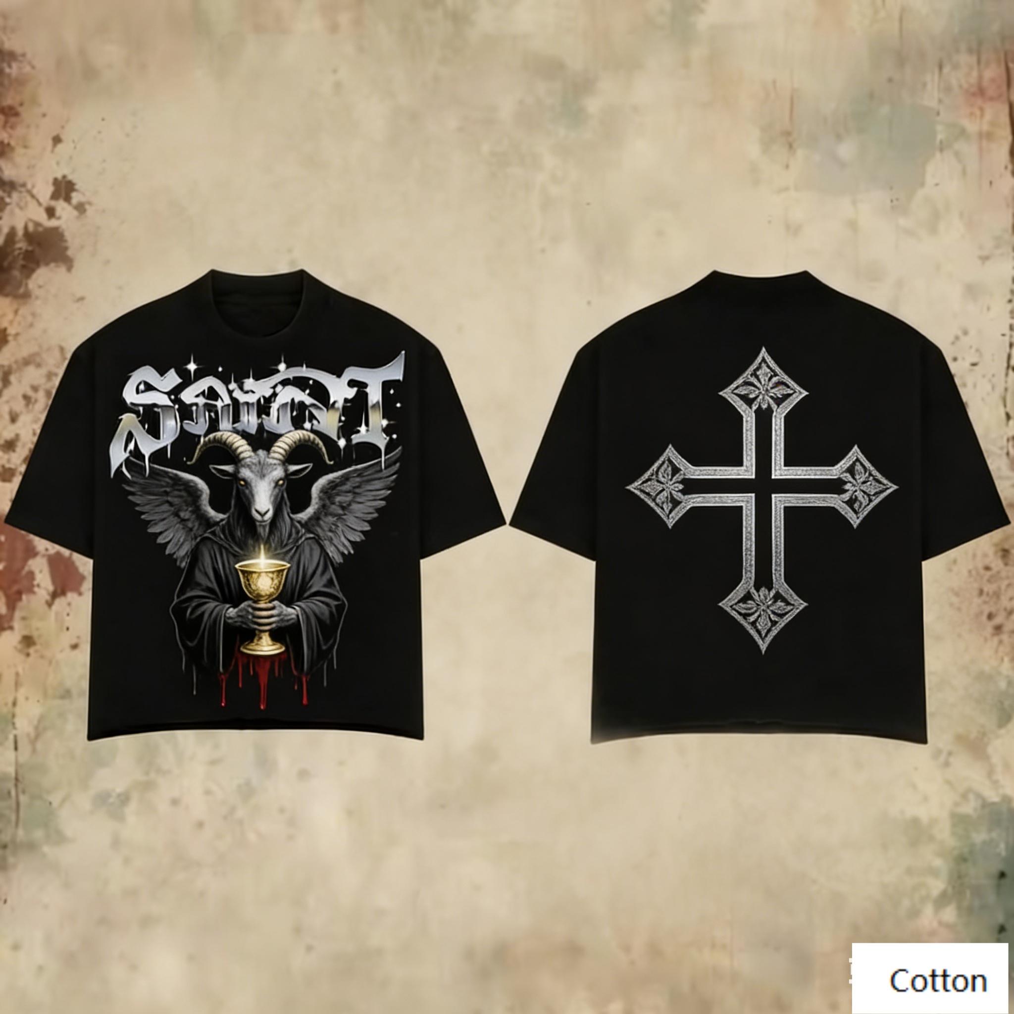 Oversized Black Cotton TShirt with Bold Winged Goat Graphic and Gothic Cross Design Unisex Streetwear Tee S