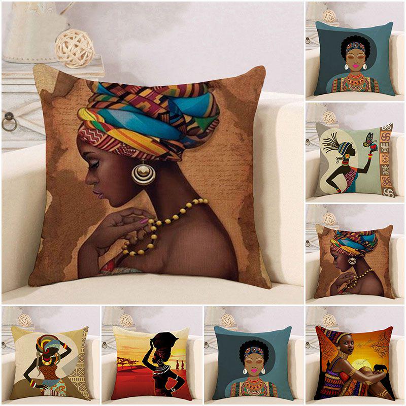 Tribal African Women Lifestyle Throw Pillow Case Exotic Linen Cushion Cover For Home Decoration