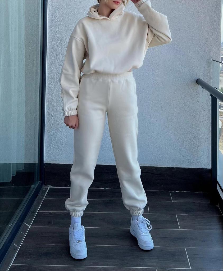 2023 Autumn/Winter Women's Solid Color Hooded Sweatshirt Two-Piece Set - Sports Casual