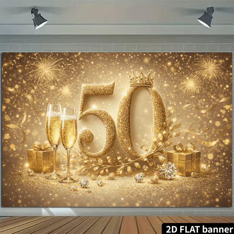 2D Sparkly 50th Birthday Backdrop for Golden Anniversary Party