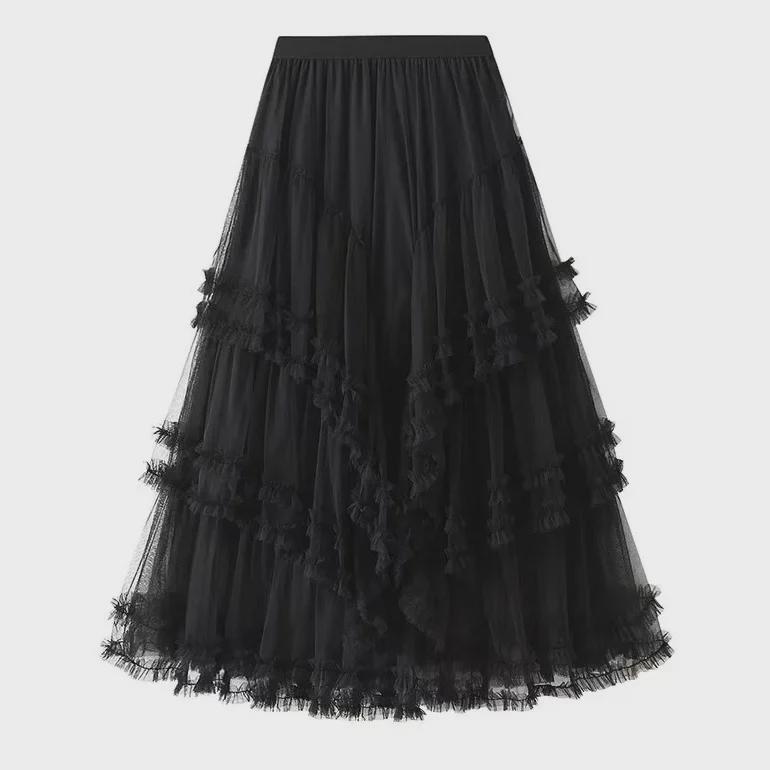Elegant Multi-Layered Tulle Lace Midi Skirt