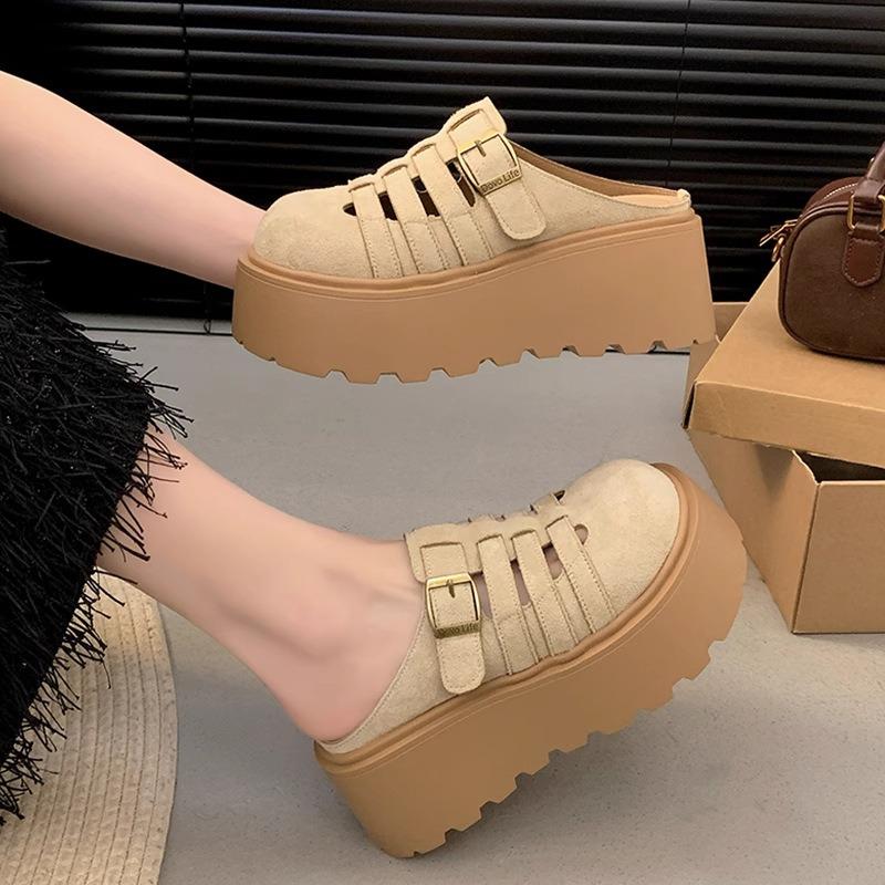 Thick-soled heightening muffin shoes baotou half slippers women's summer wear new hollowed-out breathable Boken cool slippers