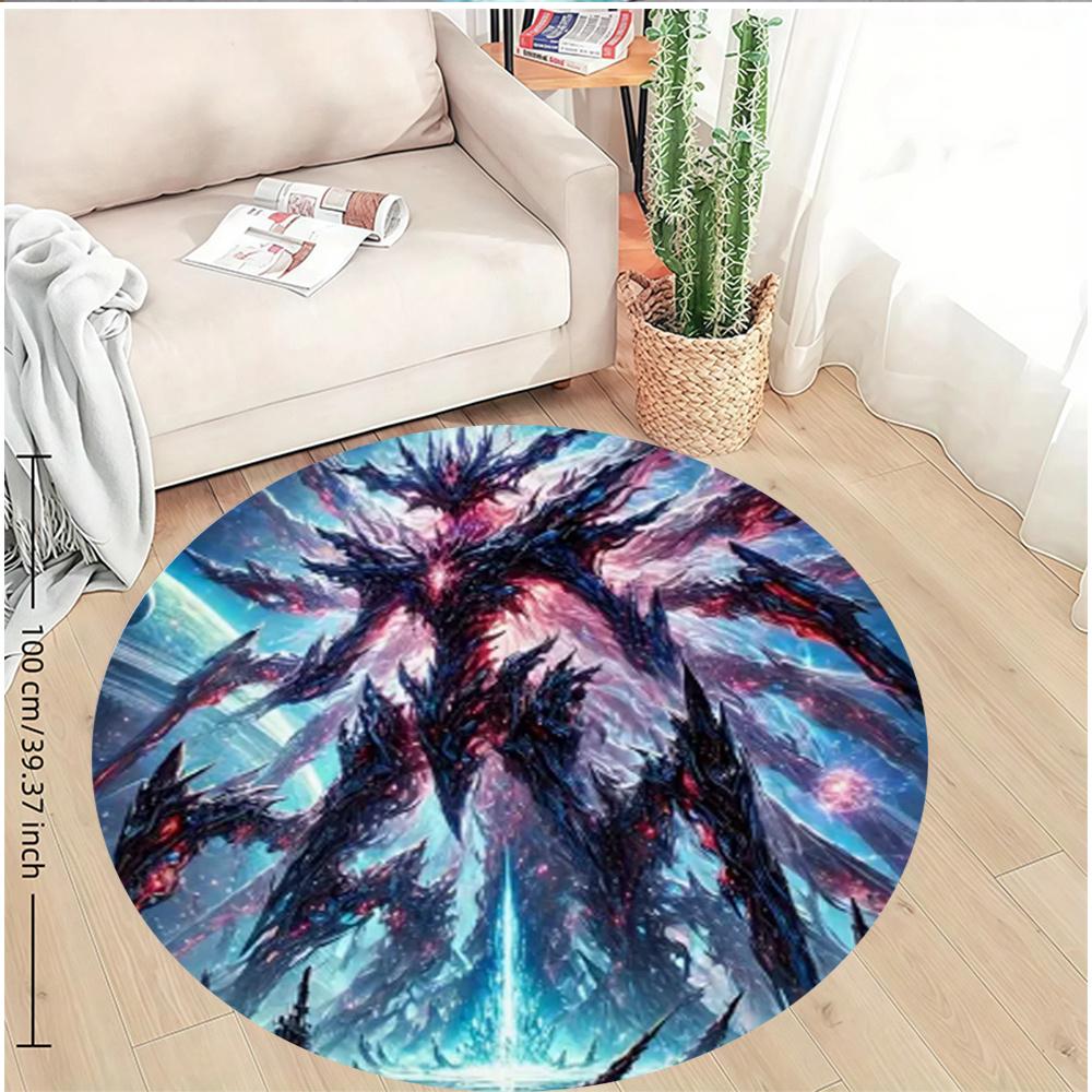 Cosmic Monster Round Rug Flannel Sci Fi Fantasy Floor Mat Gaming Room Decor Alien Creature Galaxy Background Soft Carpet