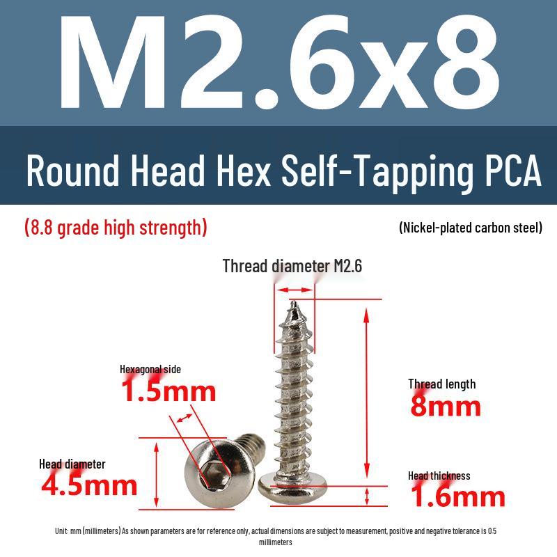 8.8 Grade Round Head Hex Socket Self-Tapping Screws M2-M4 Carbon Steel Bolts