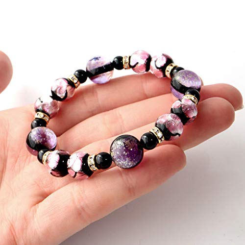 [GOLD STONE] Glowing Firefly Glass Marine Purple Pink Bracelet, Okinawa Power Stone, Inner Diameter: Approx. 19.5cm