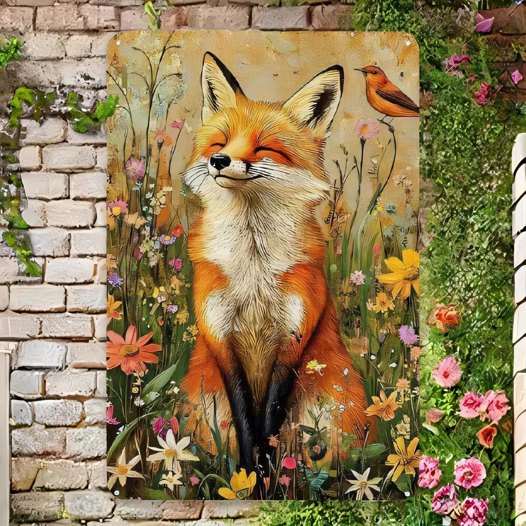 Tin Sign Fox in Wildflowers Forest Retro Metal Wall Art Vintage Rustic Cottage Garden Decor Colorful Woodland Animal Painting