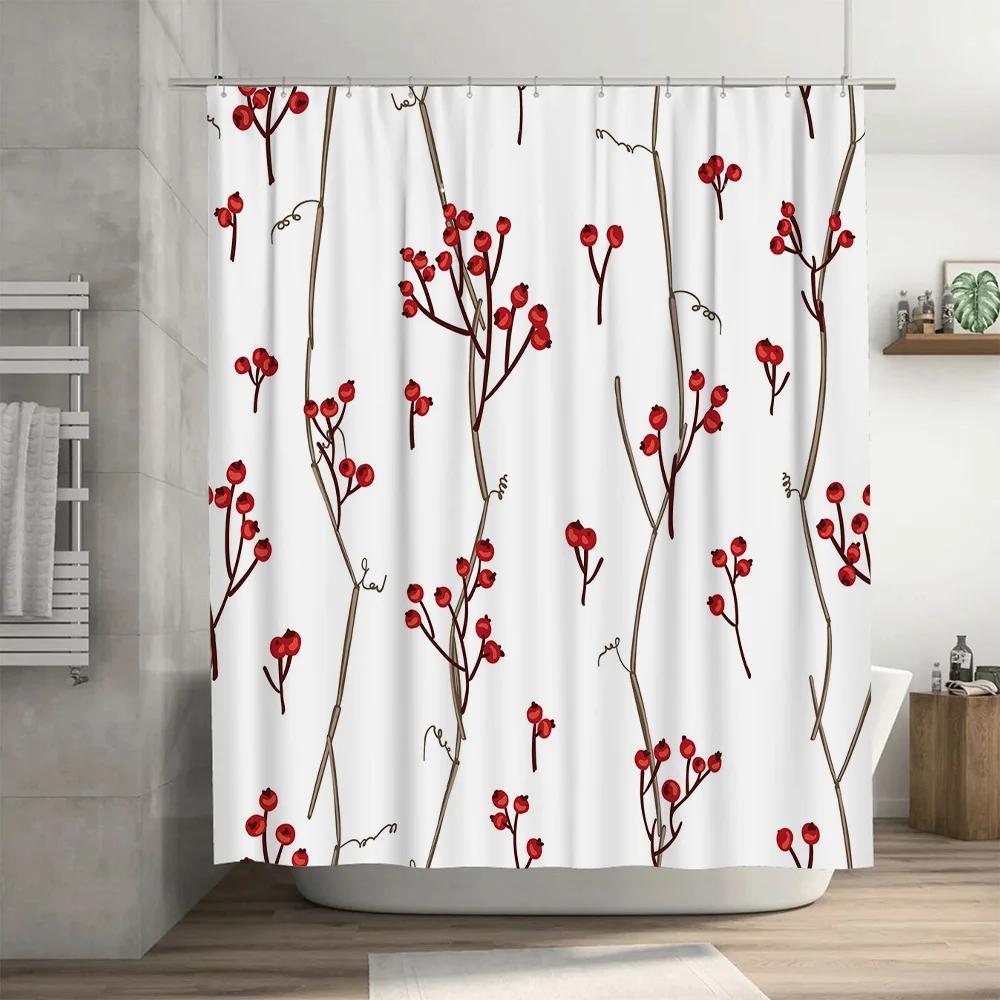 Tenda Doccia Frutti Rossi Decorazione Moderna Tessuto Bianco con Stampa di Rami Accento Perfetto per il Bagno per la Decorazione della Casa