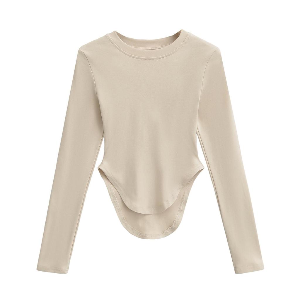 Women's Pilates Crew Neck Long Sleeve Yoga Top - Curved Hem, Spring/Summer Style