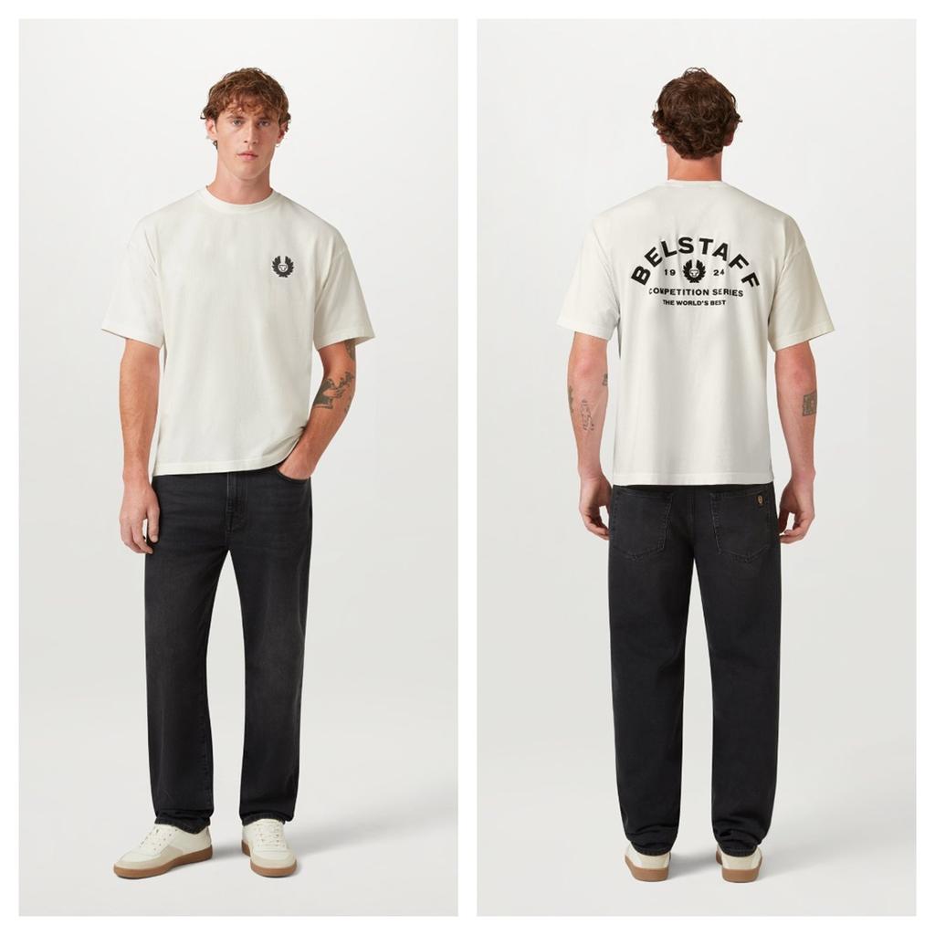 Belstaff Logo Double Sided Print T-Shirt, British Motorcycle Heritage Unisex White Casual Tee, Minimalist Streetwear, Everyday Wear