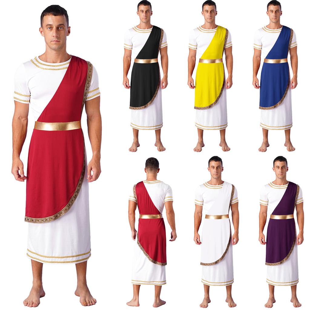 Mens Halloween Ancient Greek Toga Costume Short Sleeve Retro Gold Decoration Cosplay Roman Robe