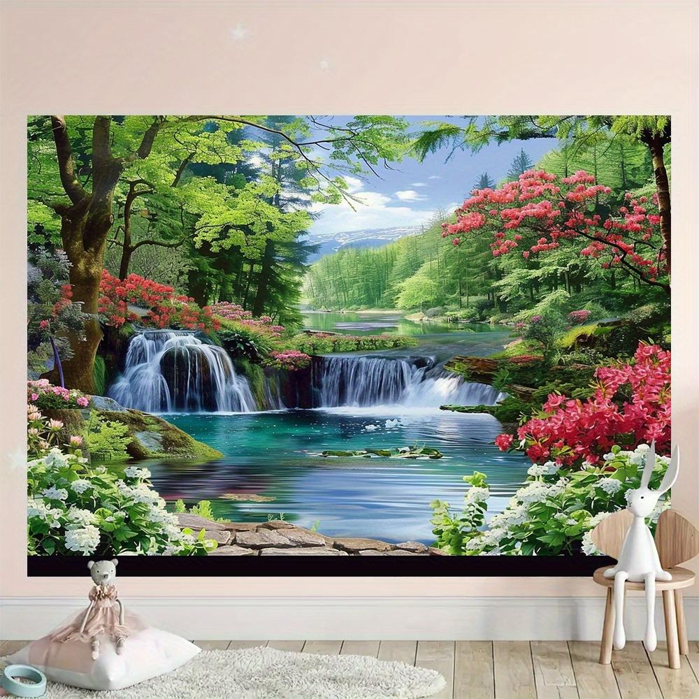 Polyester Landscape Waterfall and Forest Flower Background Banner - Universal Multi purpose Indoor and Outdoor Decoration