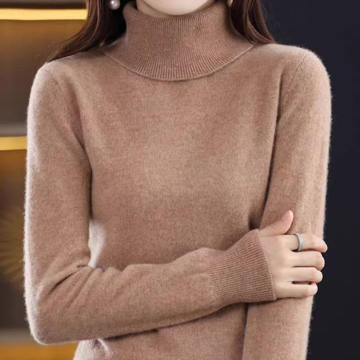Turtleneck Cashmere Sweater for Women's Spring Autumn and Winter Casual Long-sleeved Pullover Solid-color Knitted Sweater and Slim Lapel Top