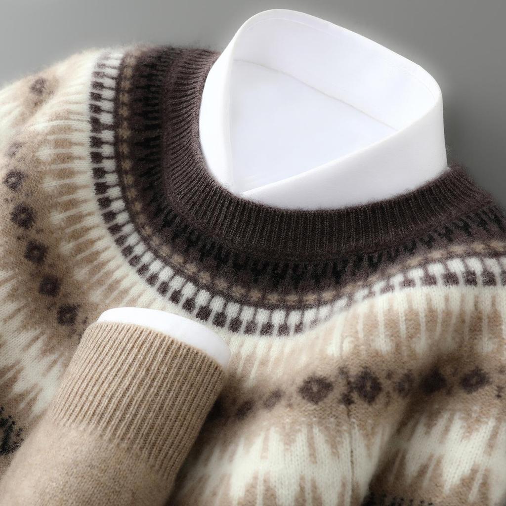 Men's Fair Isle Knit Cashmere Sweater - Round Neck, Retro Jacquard, Soft & Skin-Friendly, Thickened Design, Trendy Style