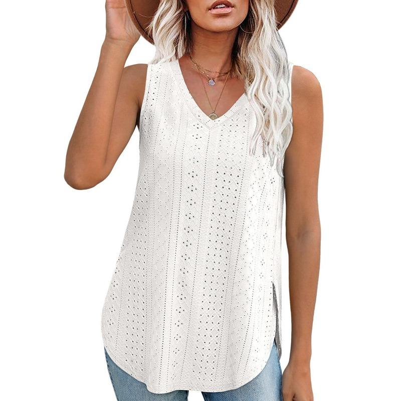 Colete feminino de verão cor sólida com decote em V dividido camiseta regata