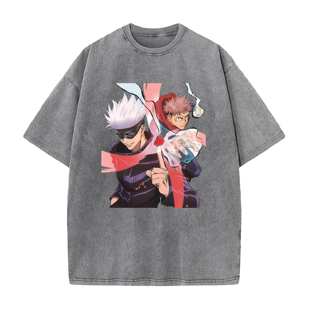 Gojo Satoru Print T Shirt Jujutsu Kaisen Tshirt Men Cotton Clothing Vintage Washed Streetwear Short Sleeve Casual Soft Tee Tops