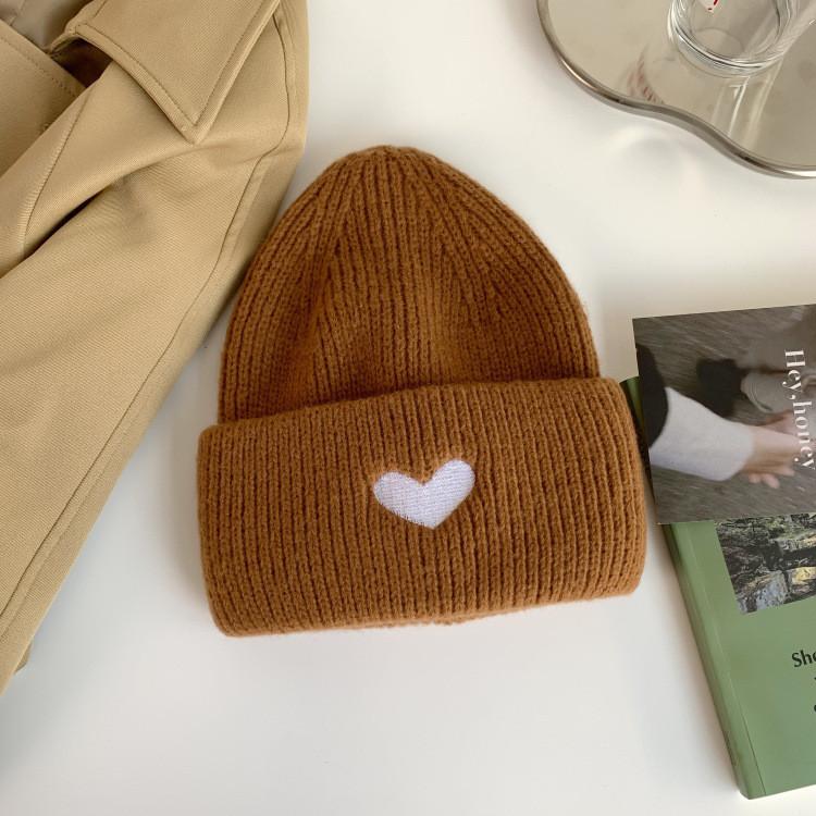 Heart Embroidered Knit Beanie Soft Cotton Hat For Women Warmth Winter