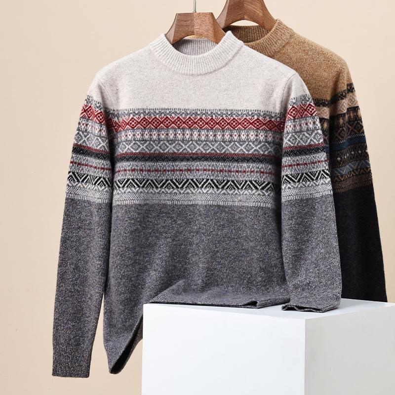 530g Thickened 100% Wool Men's Sweater, Autumn/Winter 2025, Round Neck Striped Knitwear