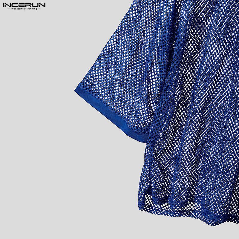 INCERUN Men Round Neck Long Sleeve Hollow Out Tops Mesh Sheer Shirts