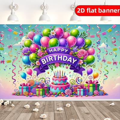2D Background Cloth 1pc Happy Birthday Theme Balloon Cake Polyester Background Banner Party Decoration Background Cloth