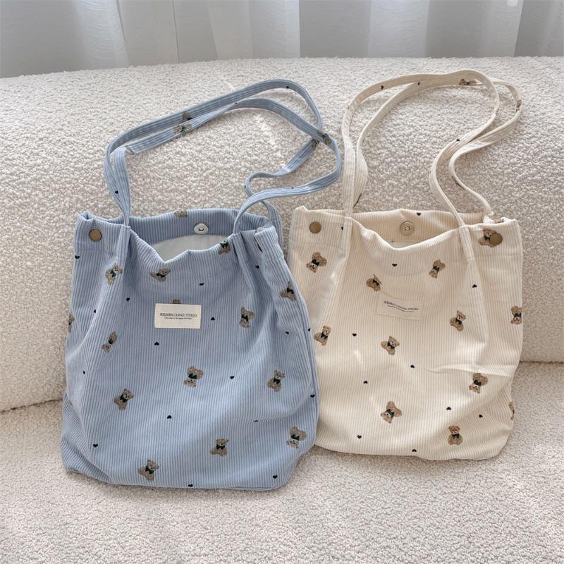 9 Corduroy Cartoon Printed Bear Large Capacity Portable Shoulder Bag Student Class Armpit Bag