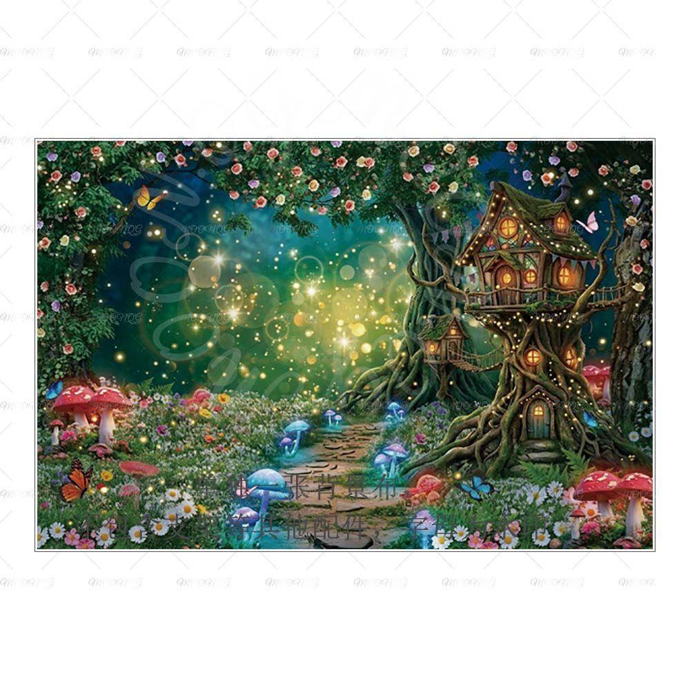 Dreamy Fairy Tale Forest Mushroom House Photography Background Cloth - Children's Birthday Party Decorative Wall Background